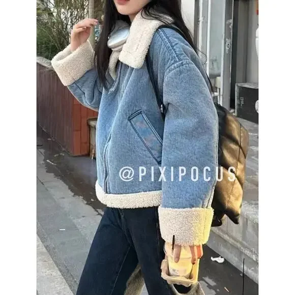 ZARA NEW FAUX SHEARLING BIKER JACKET MOTO DENIM BLUE M MEDIUM 3548/250 - Picture 4 of 16